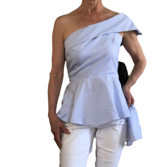 Shein Pin Striped One Shoulder Size M Tie Up Blouse - Picture 1 of 5